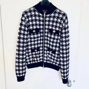 Houndstooth Cashmere Silk Blend Tweed Cardigan